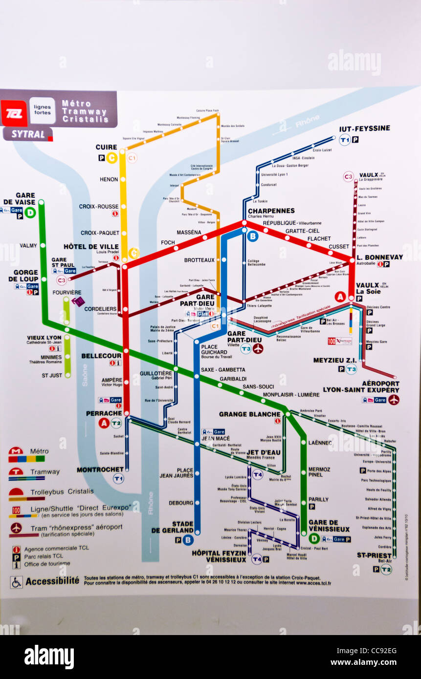 Metro route map, Lione, Francia (Patrimonio Mondiale dell'UNESCO) Foto Stock