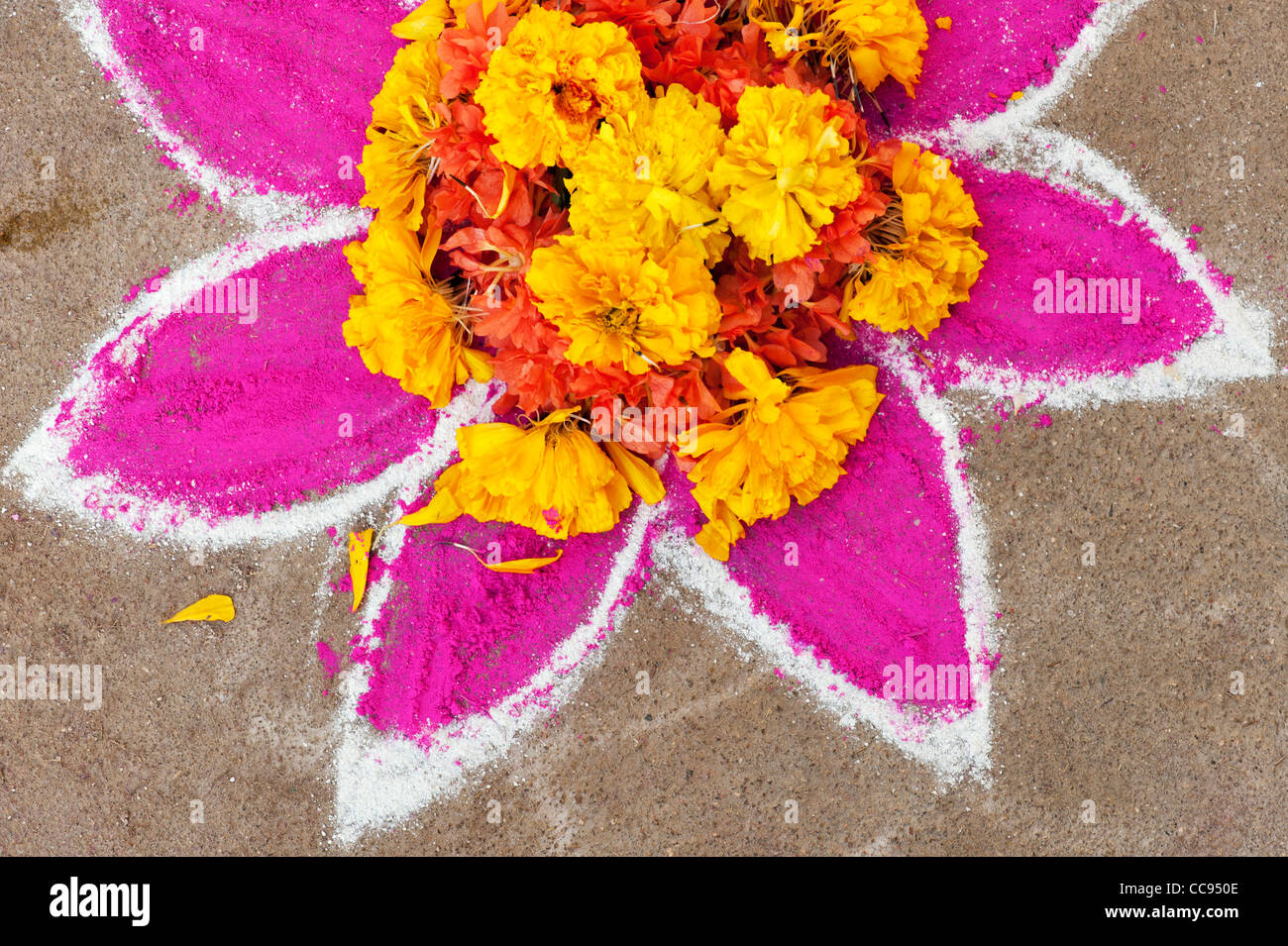 Rangoli festival di polvere colorata design e petali di fiori in un Indiano street. Andhra Pradesh, India Foto Stock