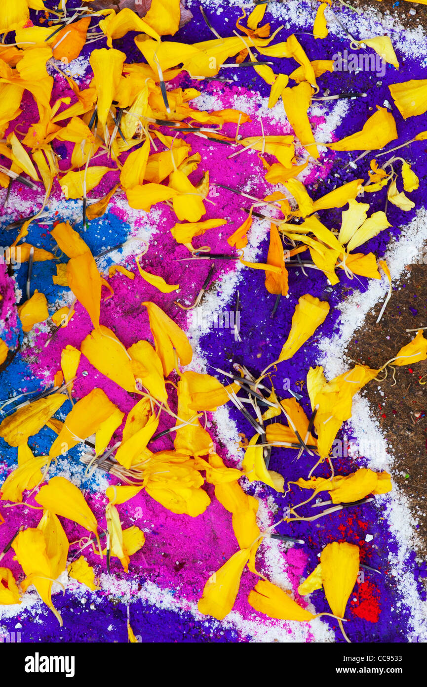 Rangoli festival di polvere colorata design e petali di fiori in un Indiano street. Andhra Pradesh, India Foto Stock