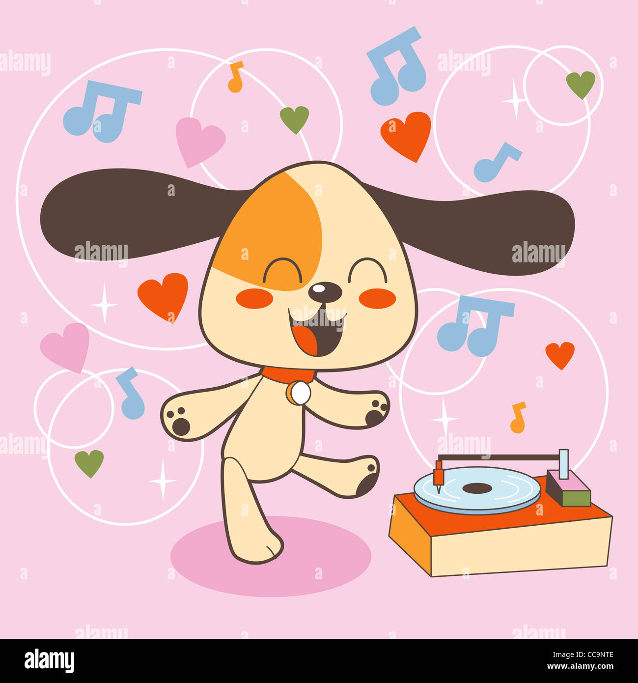 Cane felice ballare la musica emessa da un fonografo lettore disco Foto Stock