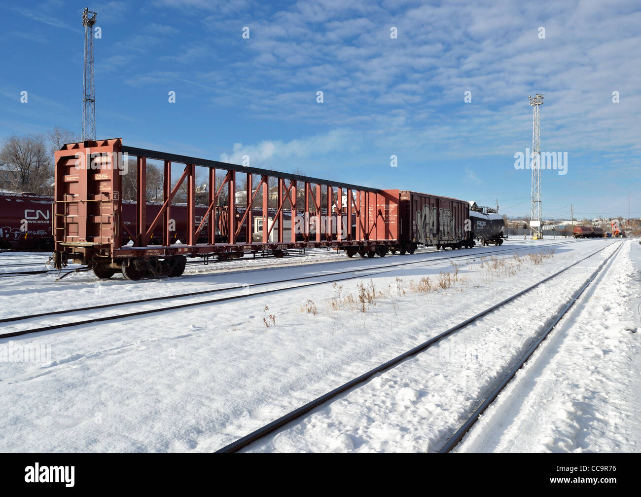 Il treno cantieri di Sudbury, Ontario, Canada su una mattina di gennaio Foto Stock