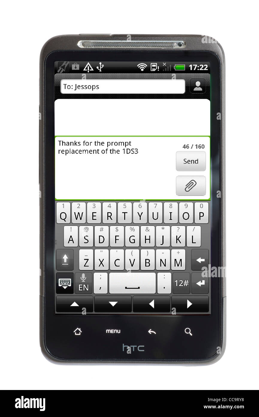 Invio di un messaggio di testo su Android smartphone HTC Foto Stock