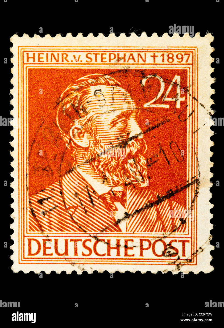 Francobollo: Deutsche Post, Heinrich v. Stephan, Weltpostverein, 24 Pfennig, 1947, stampigliato Foto Stock