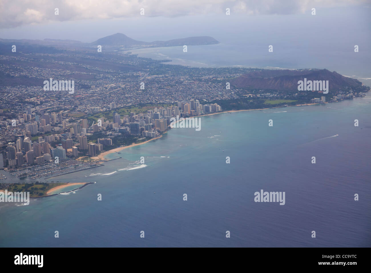 Vista aerea della spiaggia di Waikiki, Honolulu, Hawaii. Foto Stock