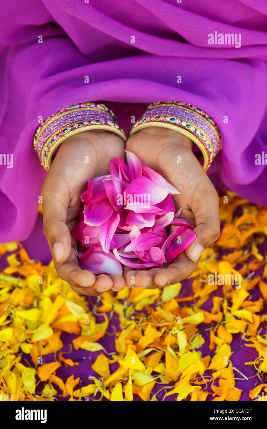 Ragazze indiano mani tenendo i petali di rose circondata da calendula petali di fiori Foto Stock