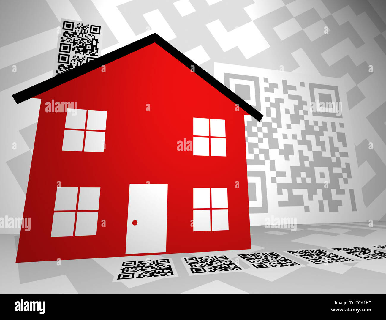 Generico codici QR in un bene immobiliare design a tema. Essi vengono ora utilizzati per marketing immobiliare, retail, elencando info, ecc. Foto Stock