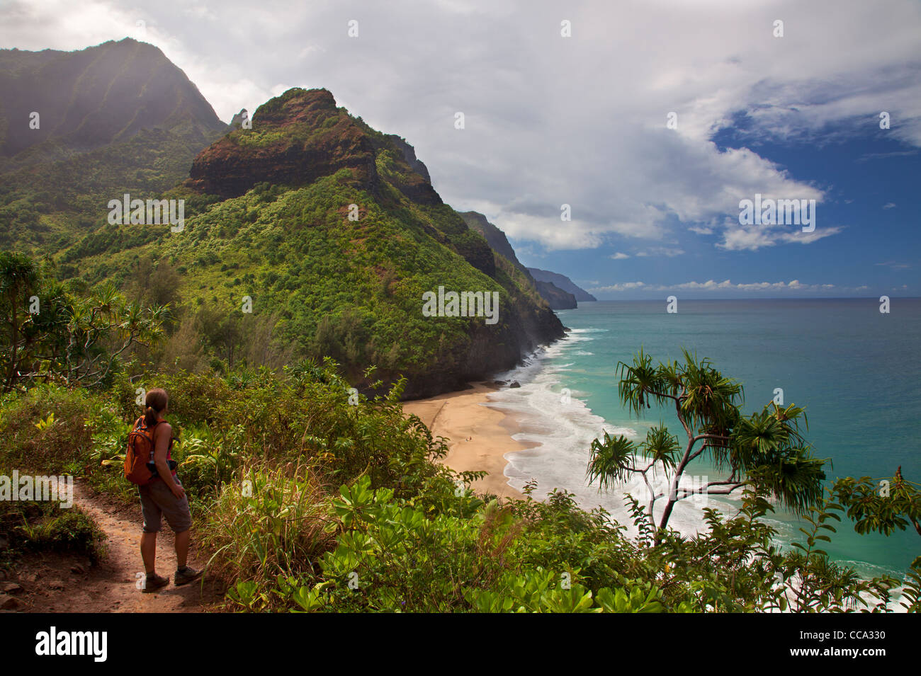 Escursionista si affaccia alla costa di Na Pali dal Kalalau Trail vicino Hanakapi'ai Beach, Kauai, Hawaii. (Modello rilasciato) Foto Stock