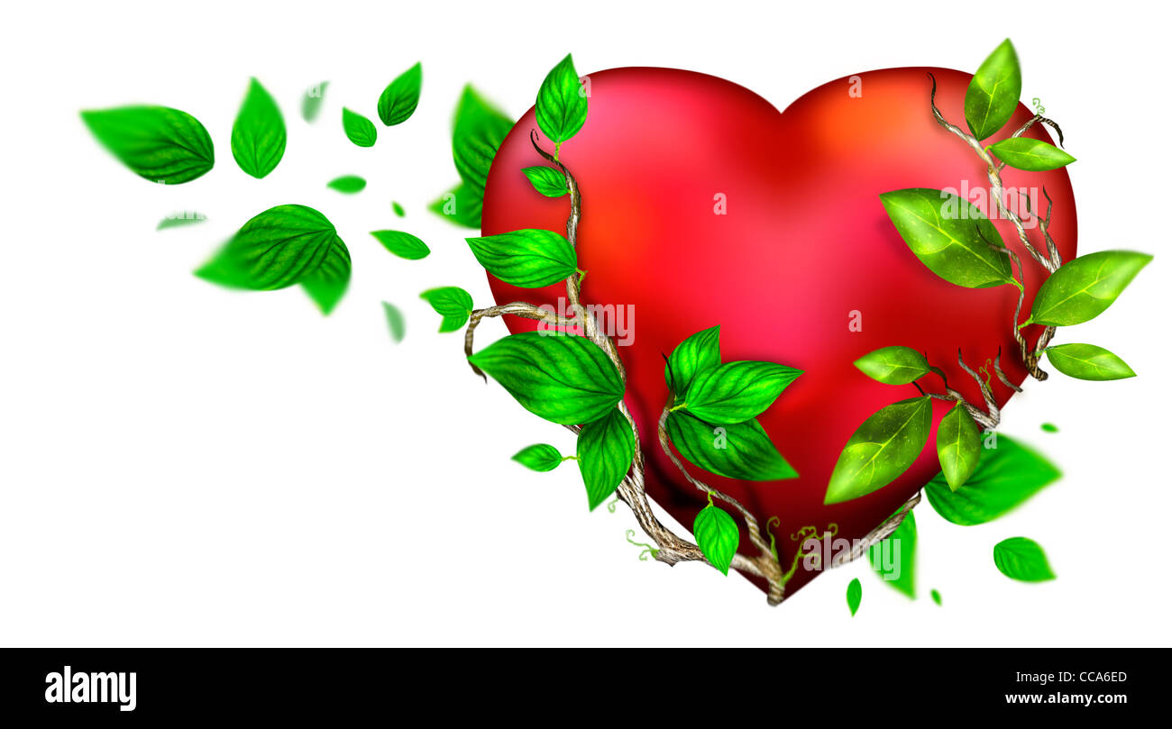 Bella cuore luminoso di colore rosso con il verde delle foglie galleggianti intorno esso isolate su sfondo bianco. Biglietto di auguri design Foto Stock