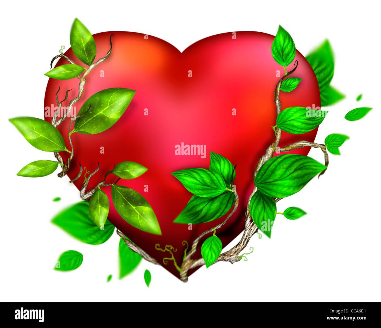 Bella cuore luminoso di colore rosso con il verde delle foglie galleggianti intorno esso isolate su sfondo bianco. Biglietto di auguri design Foto Stock