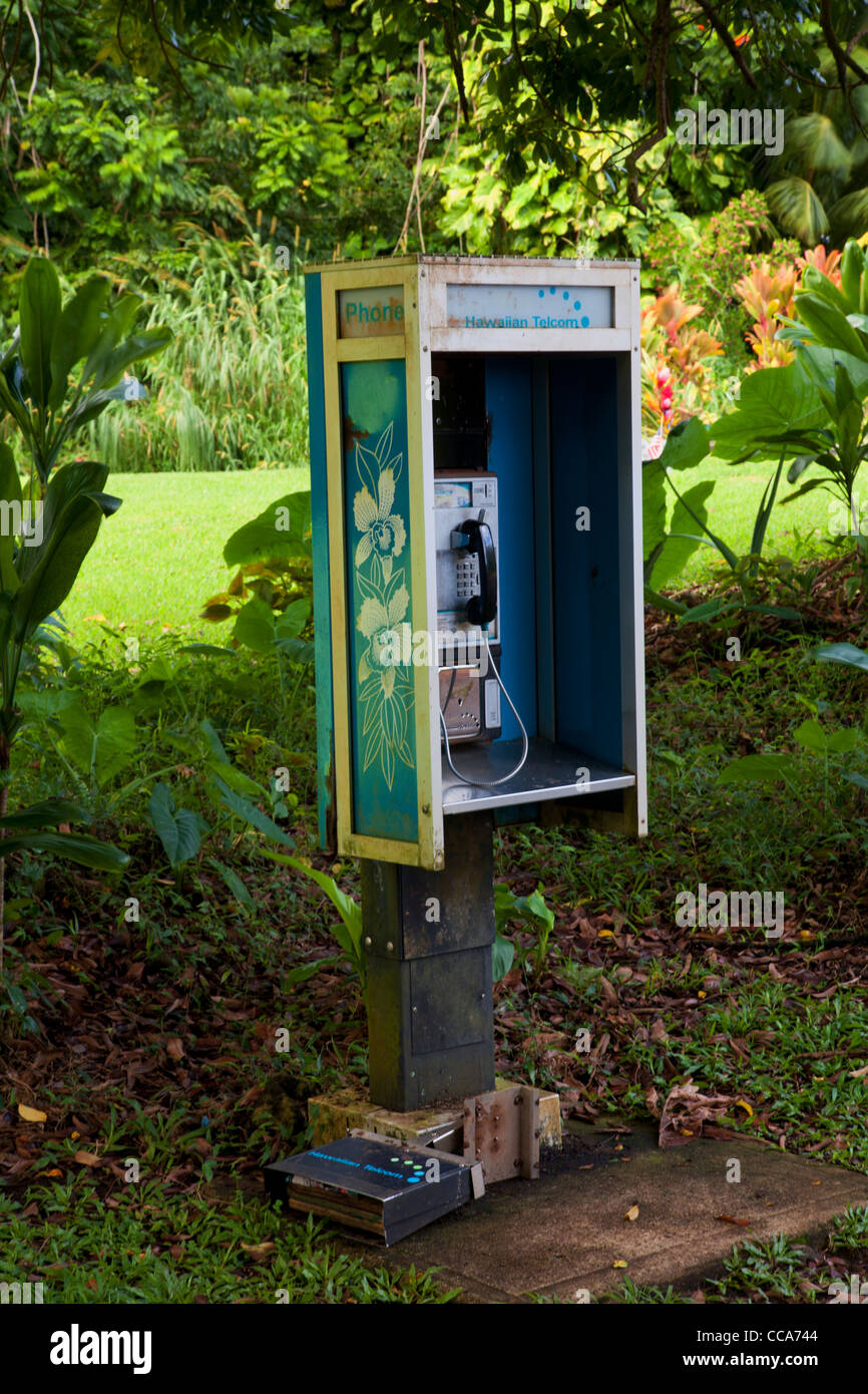 Telefono a pagamento in Nahiku, appena fuori l'Autostrada Hana, vicino a Maui, Hawaii. Foto Stock