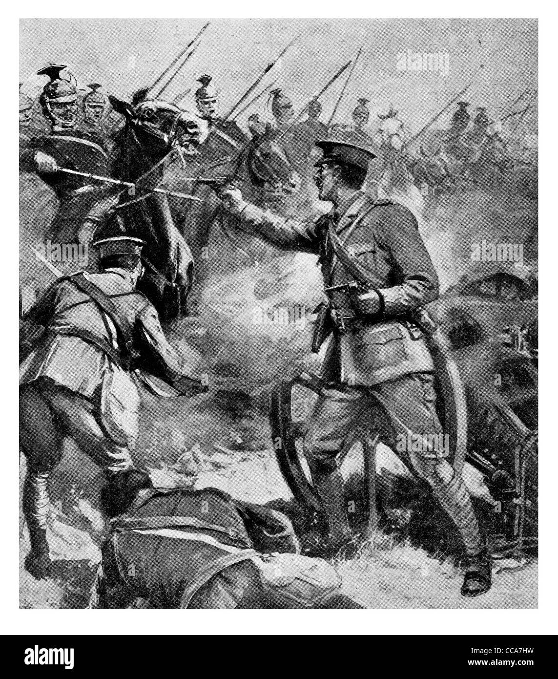 Nessuna rinuncia British ufficiale d'artiglieria attaccato da 3000 ulani Uhlan cavalleria Tournai Aug 26 1914 coraggio brave last stand Foto Stock
