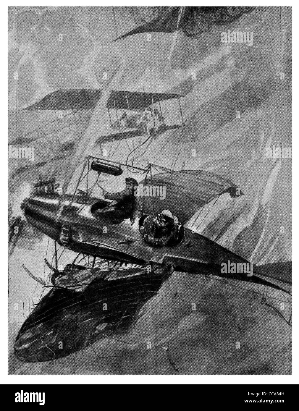 1914 Tedesco bombardiere aereo fuori manovrato aviatori francesi pilot acrobazie aeree mitragliatrice lotta cockpit di lotta contro il cane crash Foto Stock