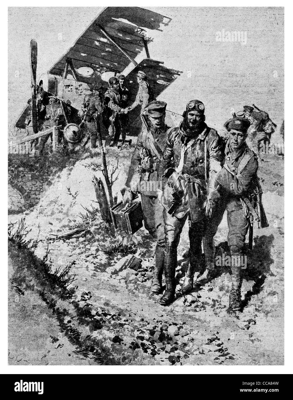 1916 Royal Flying Corps Francia aereo danneggiato crash airsick sbarcati pilota fori di proiettile piano di salvataggio Foto Stock