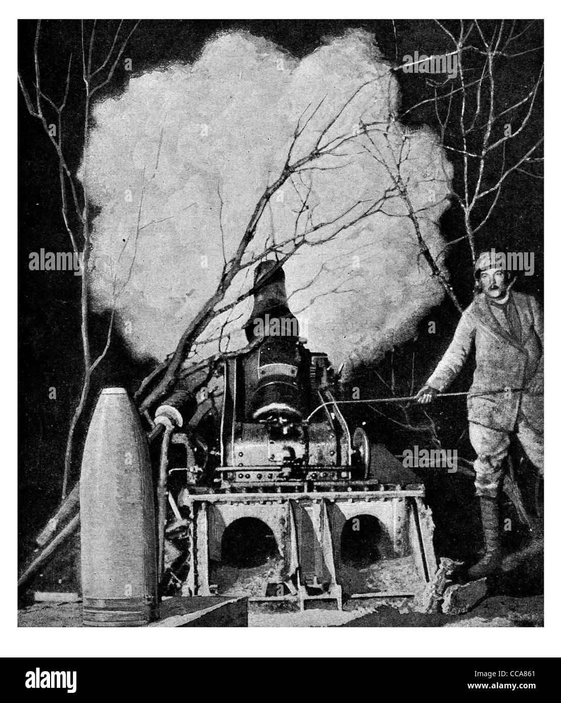 1916 Notte thunderbolt notturna cannone pesante Vaux Fort artiglieria shell gunner blast fusibile batteria di sparo Foto Stock
