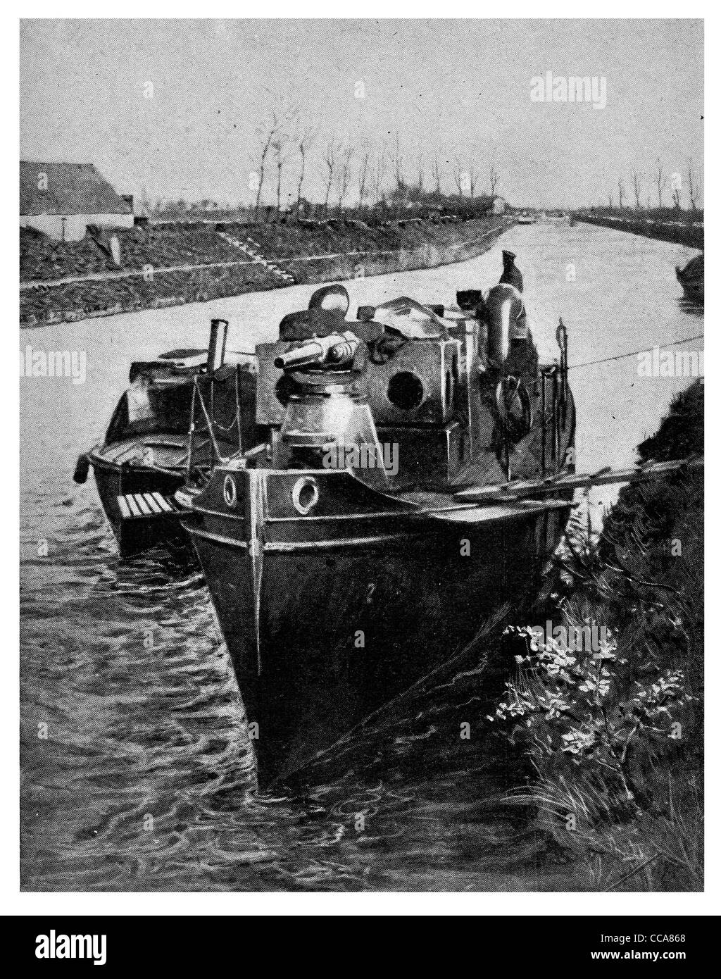1915 flame war idrovie fiamminga canal chiatta barca stretta sailor capitano ormeggiata mercante di ormeggio munizioni Foto Stock