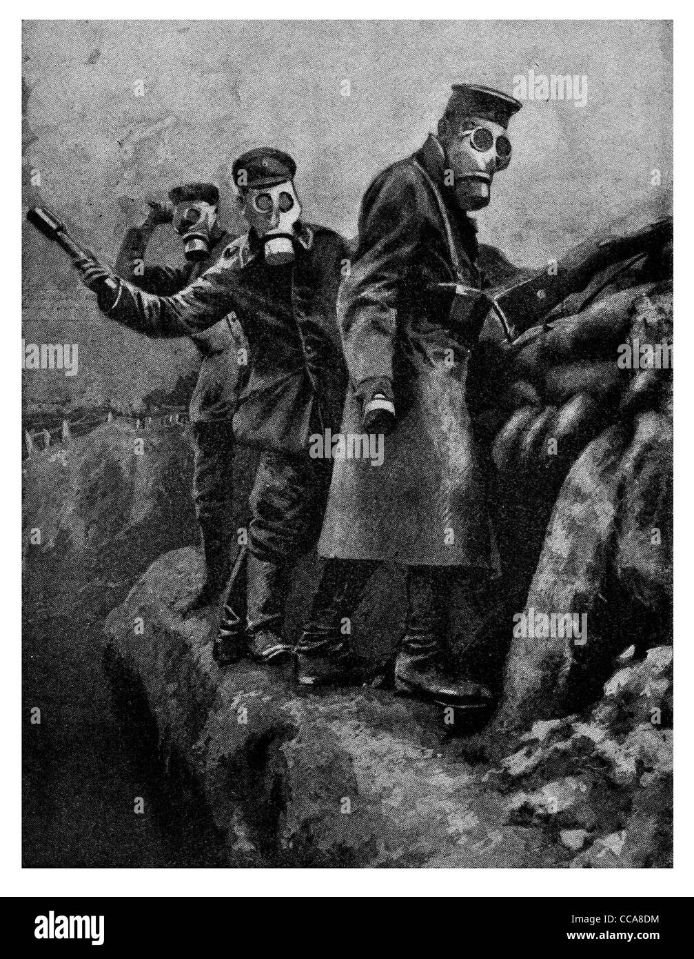 1916 Tedesco lance-grenades guerra chimica strappo arma gas mostarda maschera respiratore occhiali veleno inferno paura terrore Foto Stock