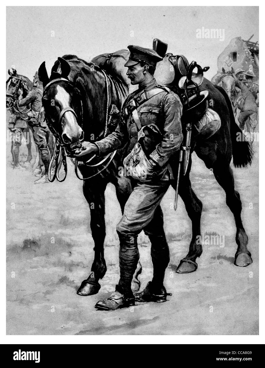 1916 soldato CONDIVISIONE DEL NATALE box cavallo compagno fedele rider master spirito sella cavalleria neve invernale alimentazione di trattare prodotti alimentari Foto Stock