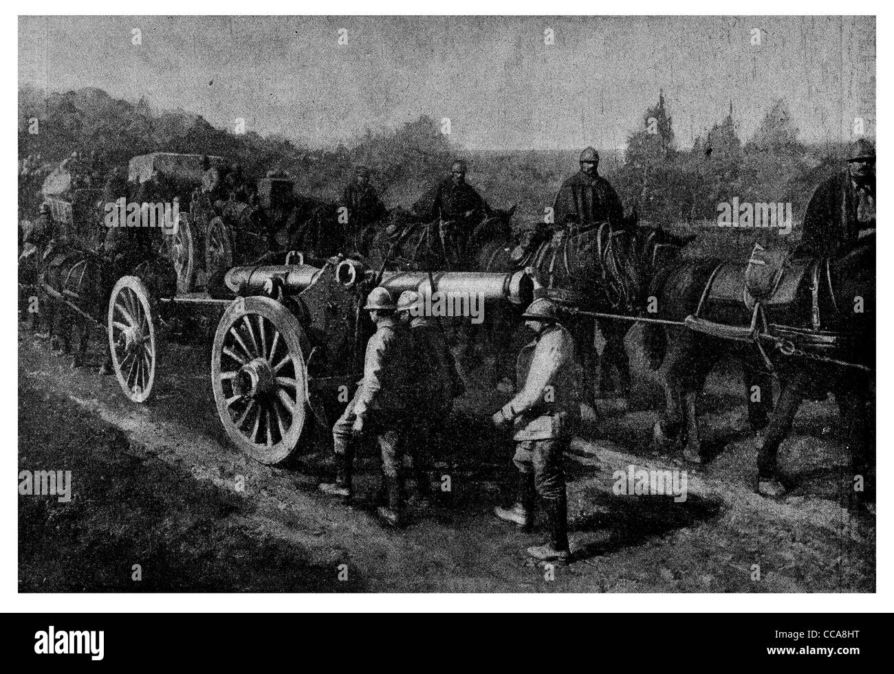 1916 artiglieria francese pesante pistola uomo morto Hill Verdun Francia cavalleria gunner gunners cannon cavallo strada sterrata il traino Foto Stock