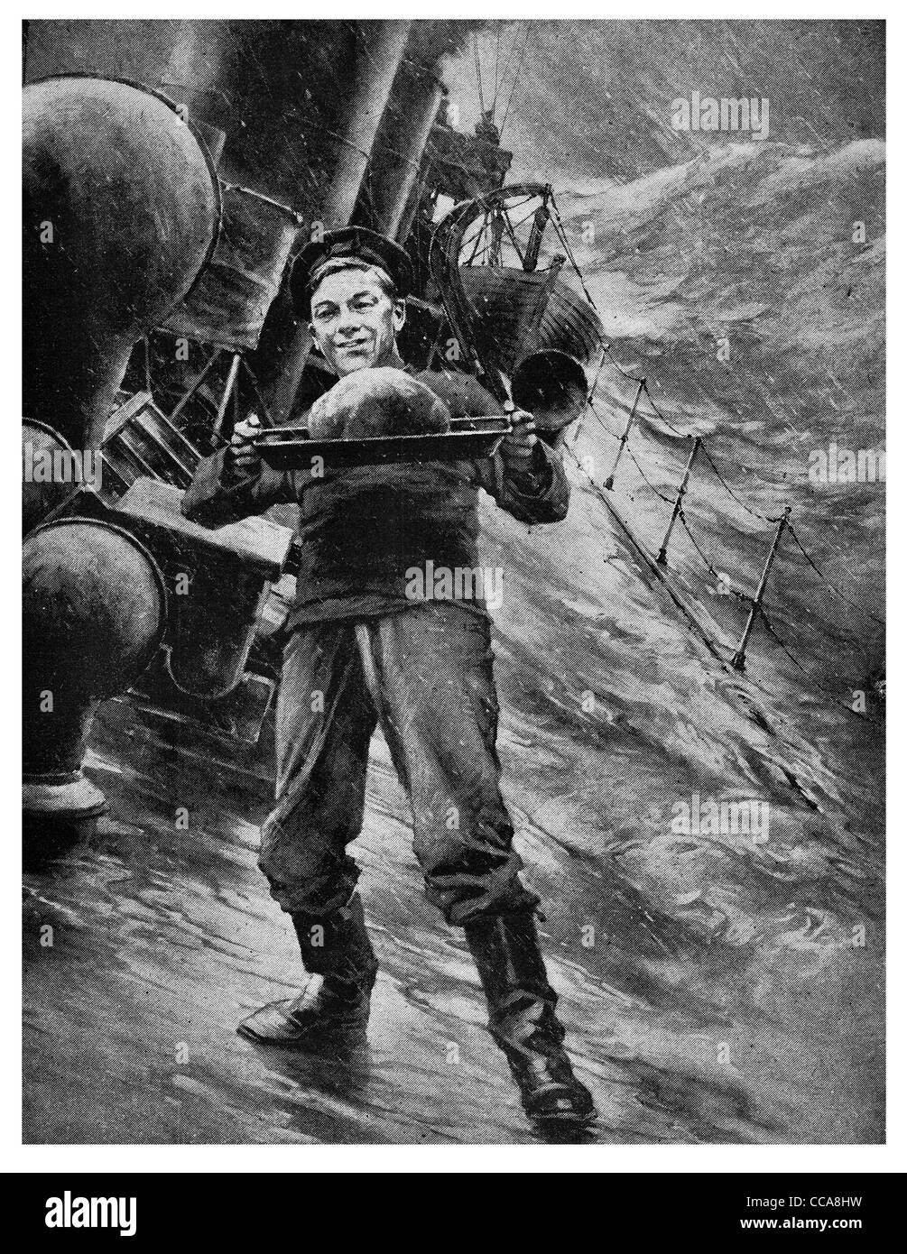 1916 Marina Britannica marinaio che trasportano Christmas pudding dessert storm tempesta invernale si infrangono onde d'onda sistema di cottura a vapore in nave a vapore Foto Stock