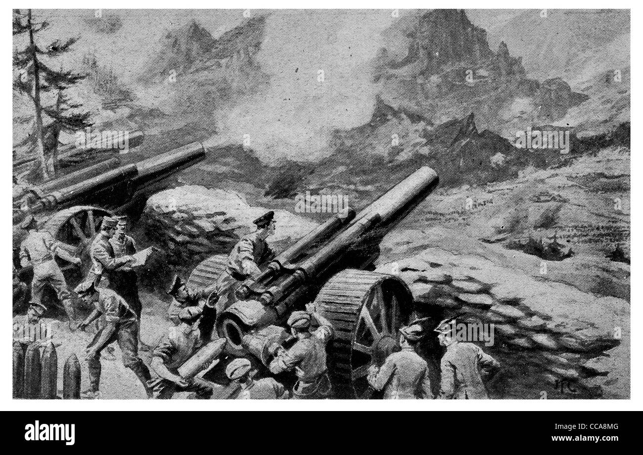 1917 Artiglieria britannica gunner equipaggio italiano campo anteriore pistola gusci guscio batteria sgusciatura bombardamento sgusciate il bombardamento di sparare fuoco Foto Stock