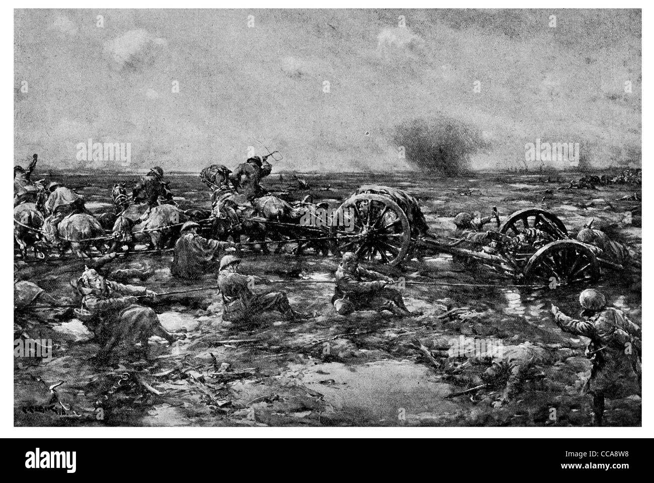 1917 uomini cavalli e pistole inondato palude fangosa artiglieria fango pastella orrore terrore cannon tug tirando il duro lavoro inferno cavallo Foto Stock