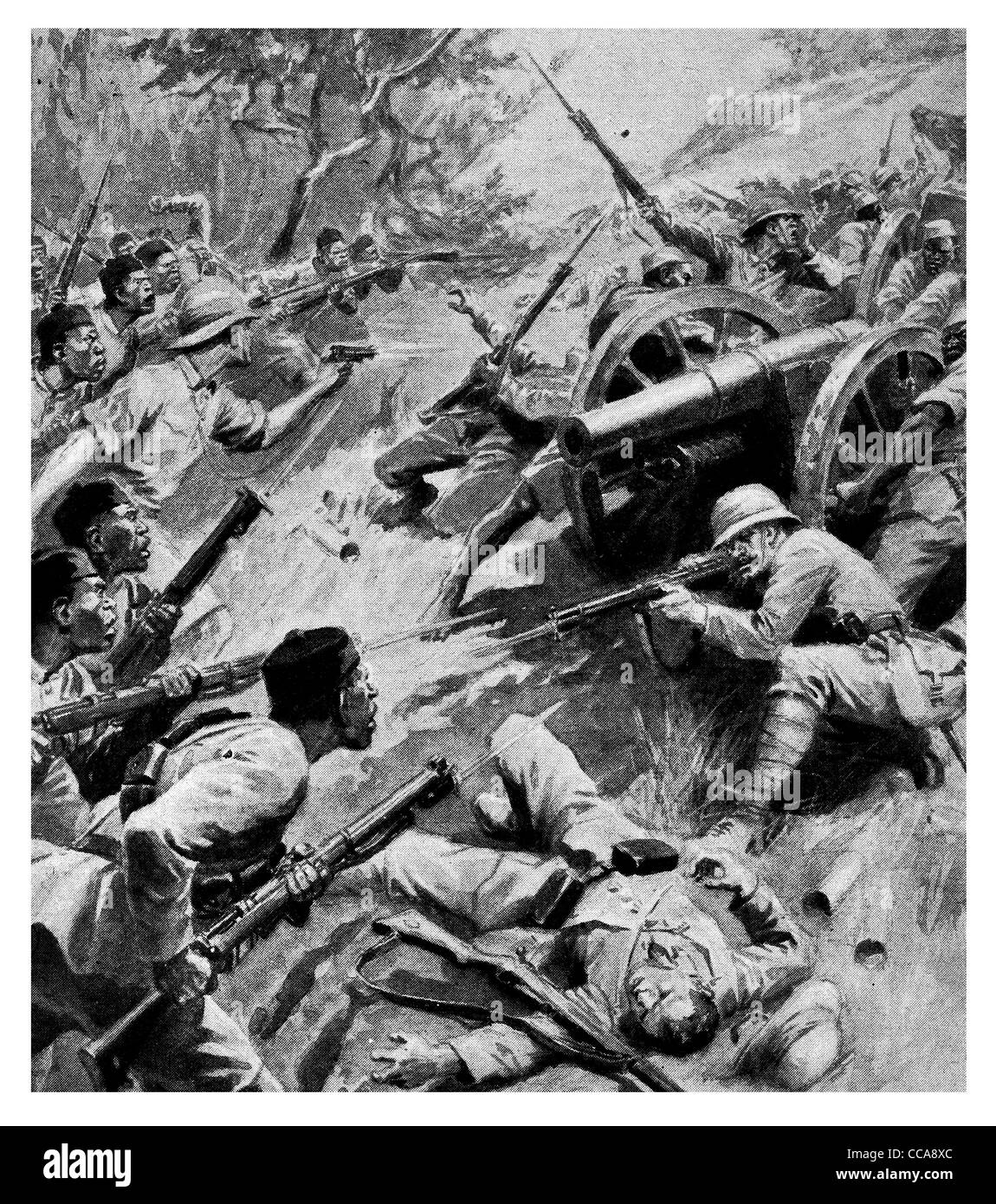 1917 East Africa Lyail generale la colonna in marcia da Kiru giorno di nuovi anni imboscata artiglieria Africa close combat pistola carica fire Foto Stock