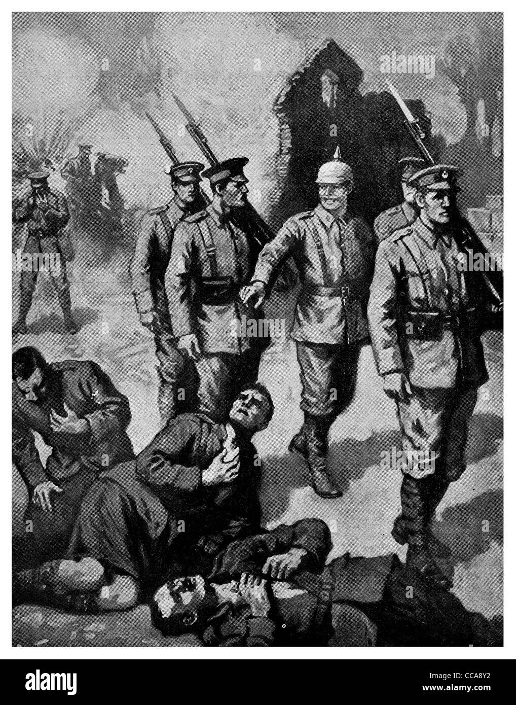 1915 Hun tedesco scherno presso British vittima veleno esalazioni di gas marzo crudele linea anteriore crudeltà parzializzando la strozzatura fucile marciando a baionetta Foto Stock