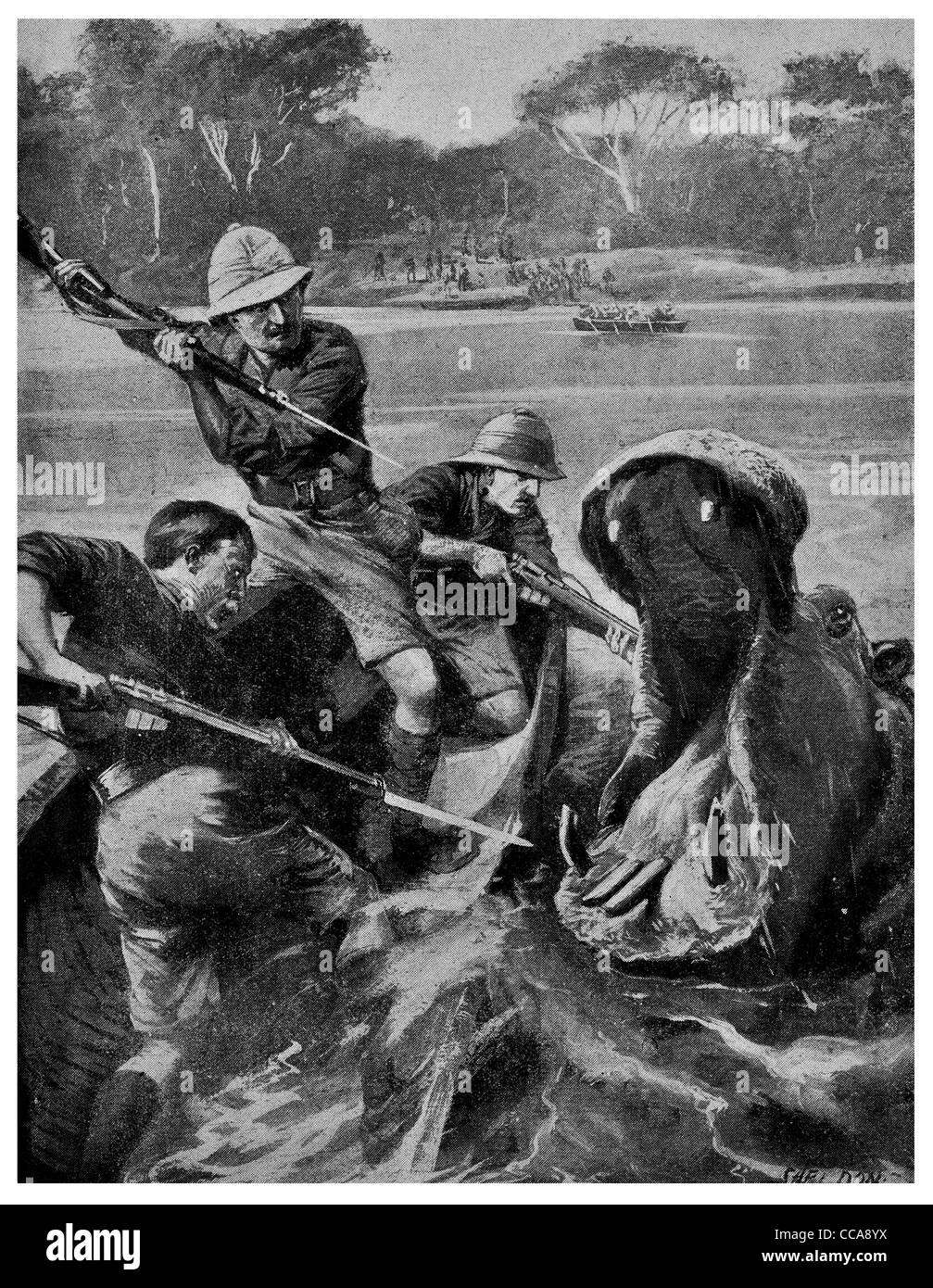 1917 Behobeho fiume Rufiji generale barca Sheppard attaccato ippopotamo ippopotamo predatore preda fucile sangue a baionetta sport Africa Foto Stock