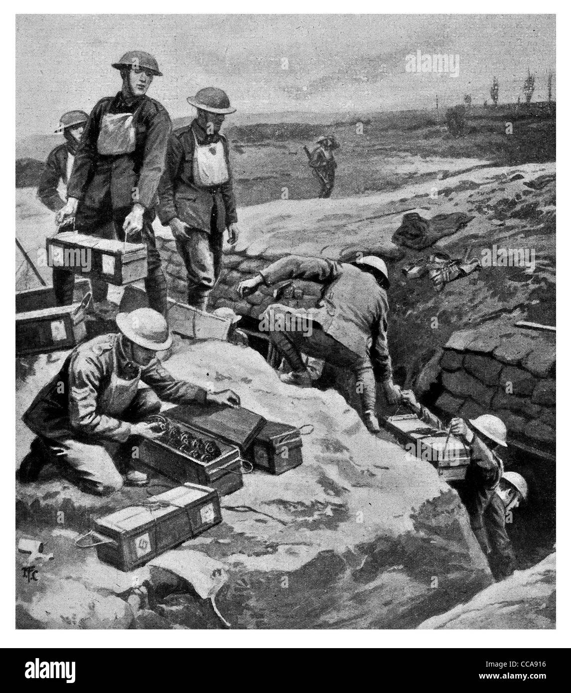 1917 2° British Army la seconda linea di alimentazione bombe munizioni di sacchi di sabbia trincea di parete di scatola di munizioni hand grenade logistica esplosivi Foto Stock