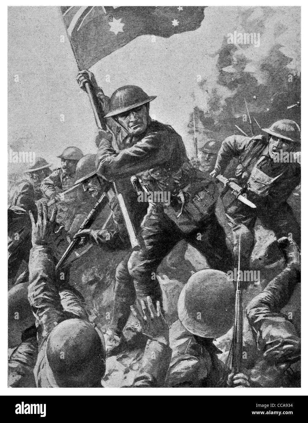 1917 australiano poligono di cattura e legno Glencorse settembre ventesimo pennone bandiera colori standard fucile a baionetta trincea di carica Foto Stock