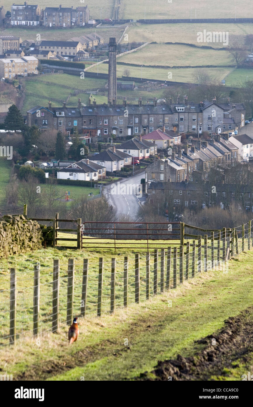 Una vista verso la valle di case in Haworth West Yorkshire England Regno Unito. Foto Stock