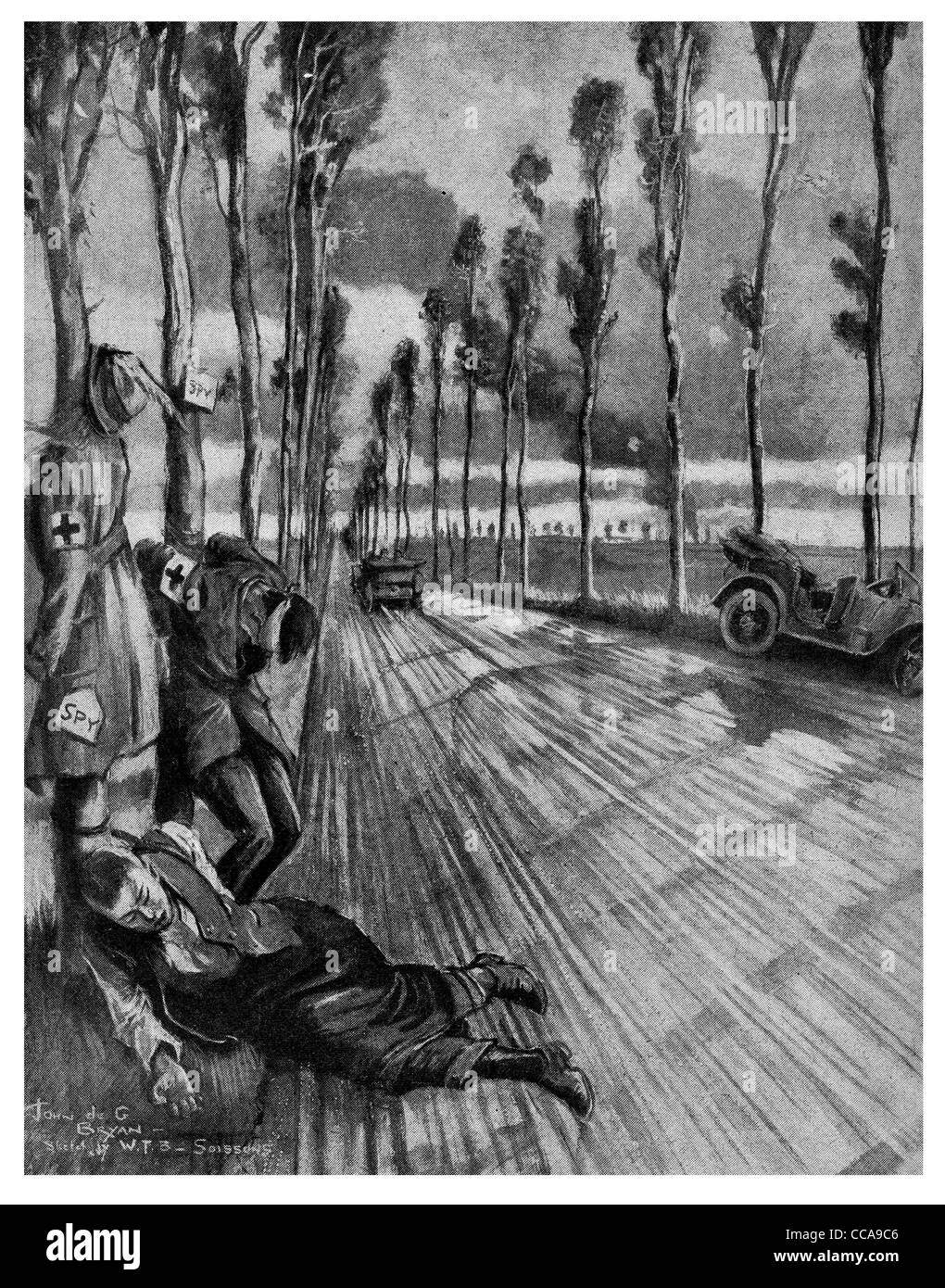 1914 spy spies eseguito tedeschi esecuzione tedesca road side shot buio morto piegato ufficiali britannici auto stop del veicolo controllare Foto Stock
