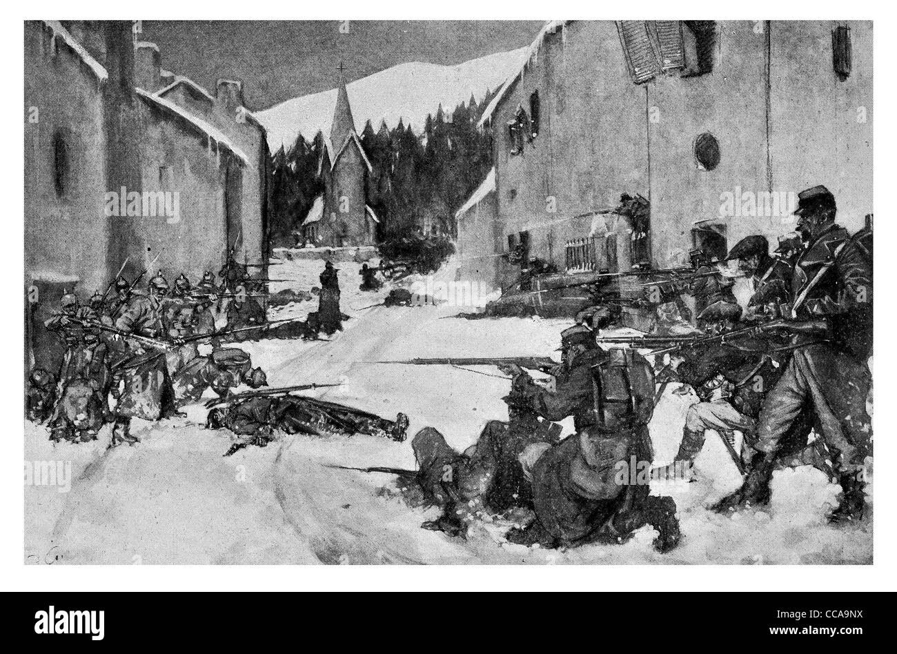 1914 Casa terribile lotta Steinbach'Alsazia superiore V Francese Tedesco forze fucile a baionetta neve invernale combattimenti di strada imboscata Foto Stock
