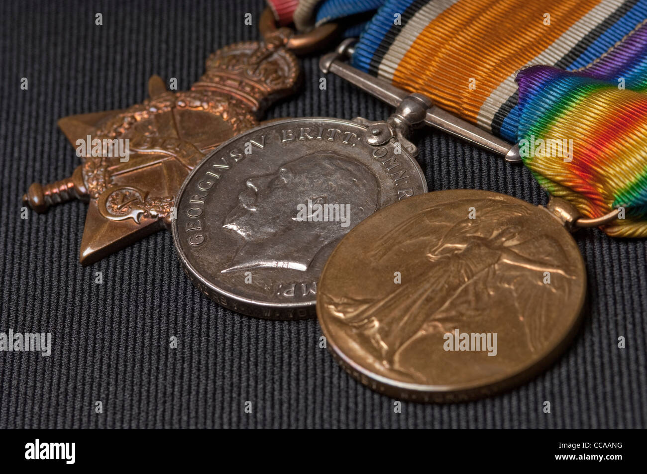 Primo piano Di Pip, Squeak e Wilfred, tre medaglie della campagna britannica della prima guerra mondiale, 1914 - 1915 Star, British War Medal, Victory Medal Foto Stock