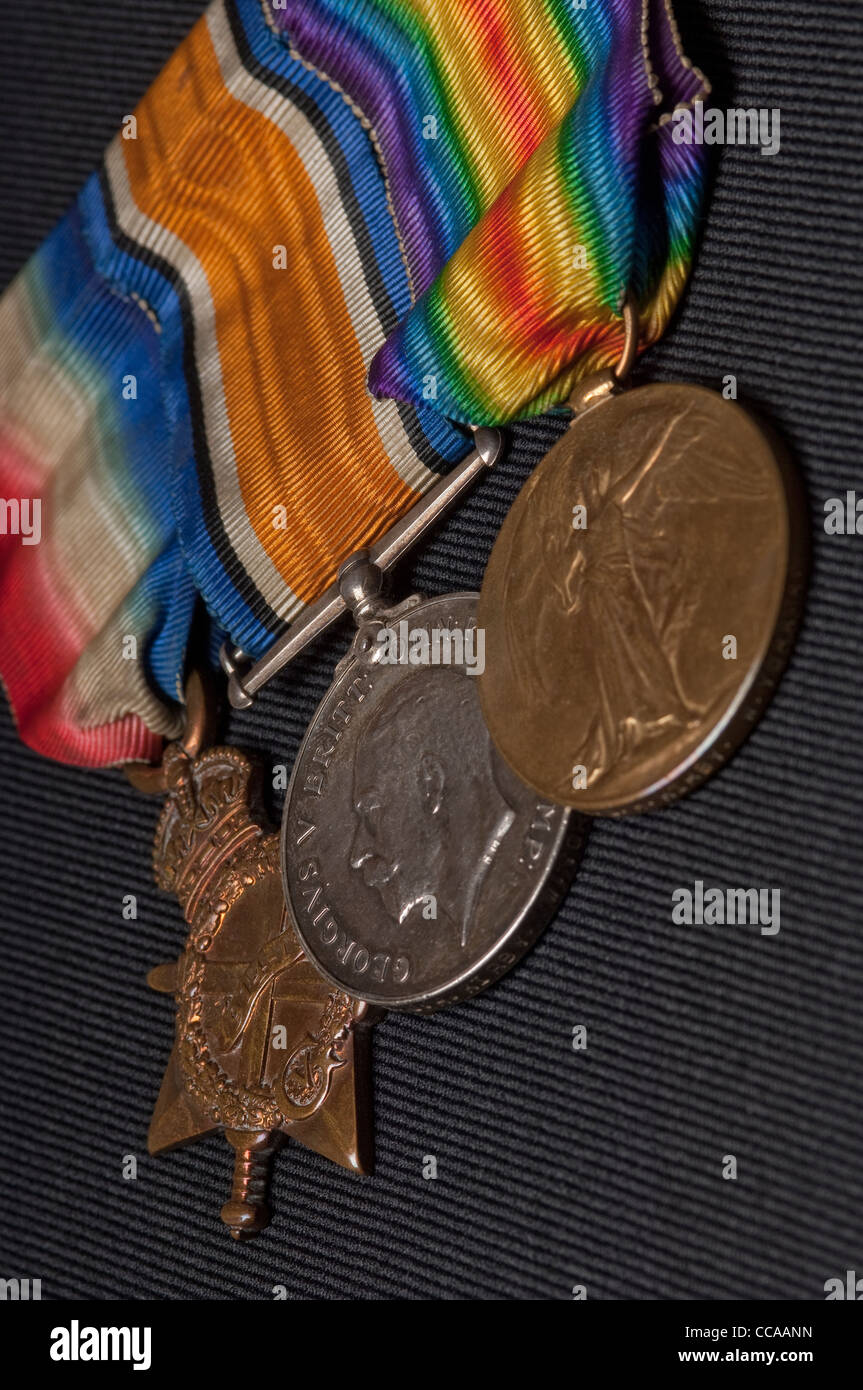 Primo piano Di Pip, Squeak e Wilfred, tre medaglie della campagna britannica della prima guerra mondiale, 1914 - 1915 Star, British War Medal, Victory Medal Foto Stock