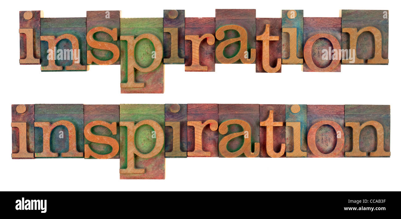 La parola di ispirazione - due formati di vintage in legno tipo di stampa tipografica, blocchi colorati da inchiostri colorati, isolato su bianco Foto Stock