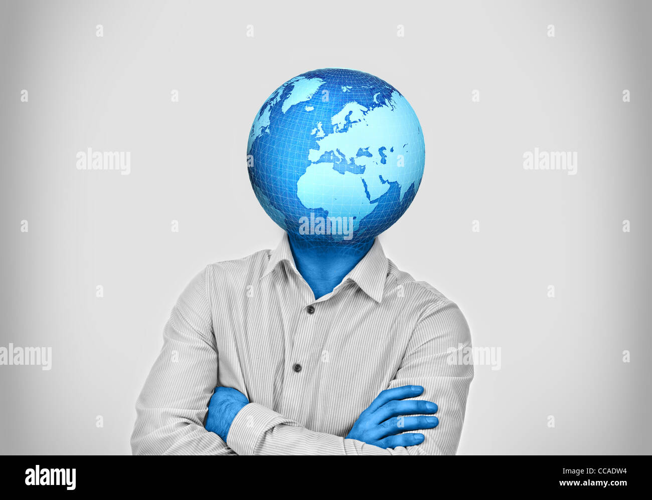 L'uomo con la terra racchiusa e crescente al posto della sua testa Foto Stock