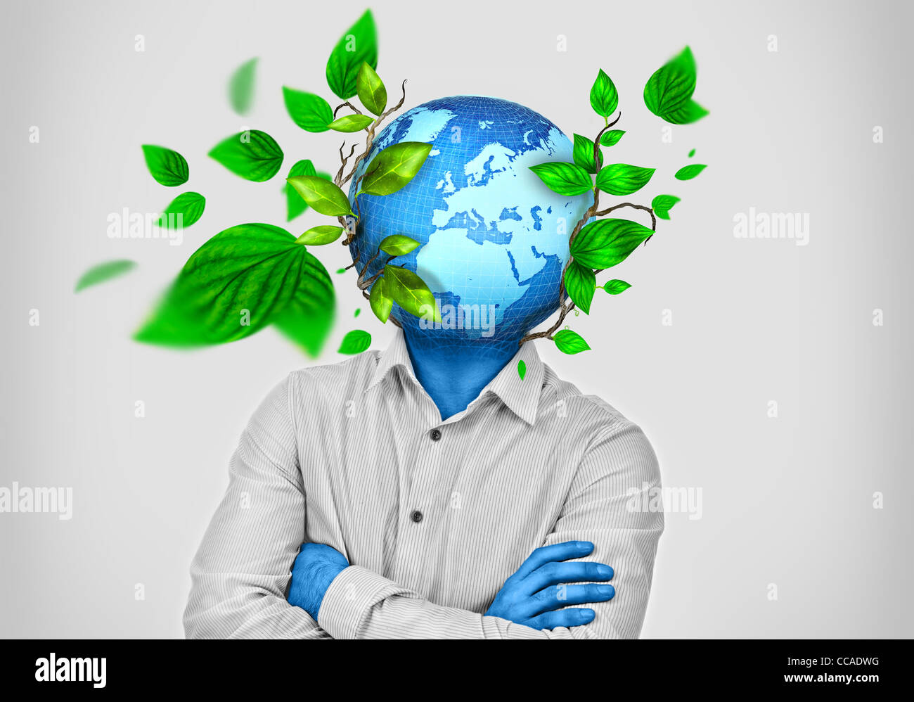 L'uomo con la terra racchiusa e crescente al posto della sua testa Foto Stock