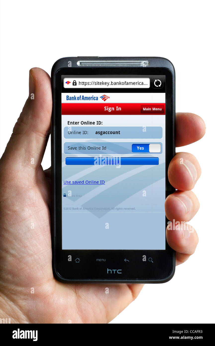 Accesso a online mobile banking con Bank of America su uno smartphone HTC Foto Stock