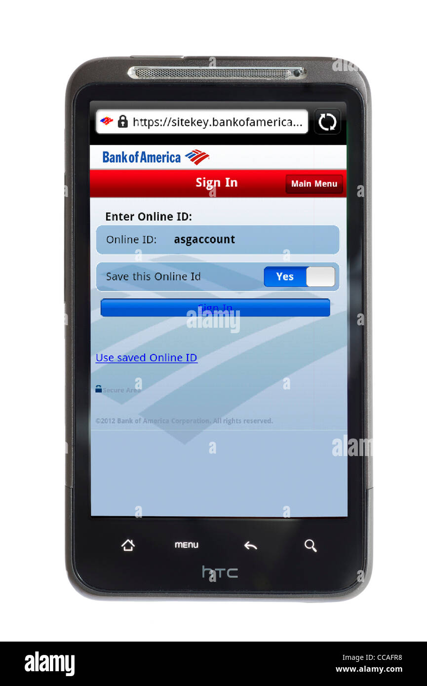 Accesso a online mobile banking con Bank of America su uno smartphone HTC Foto Stock