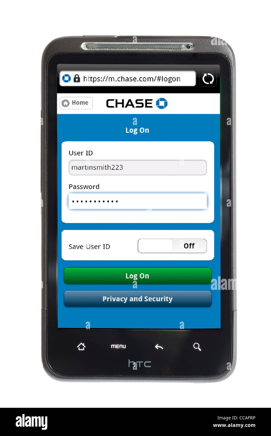 Accesso a online mobile banking con Chase Bank su uno smartphone HTC Foto Stock