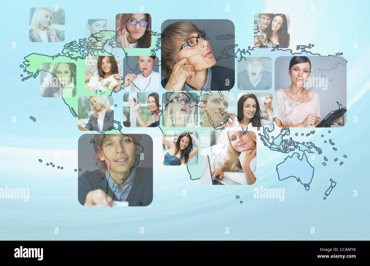 Graphic design dello sfondo. Mappa del mondo e foto di diverse persone in tutto il mondo. Comunità online di concetto Foto Stock