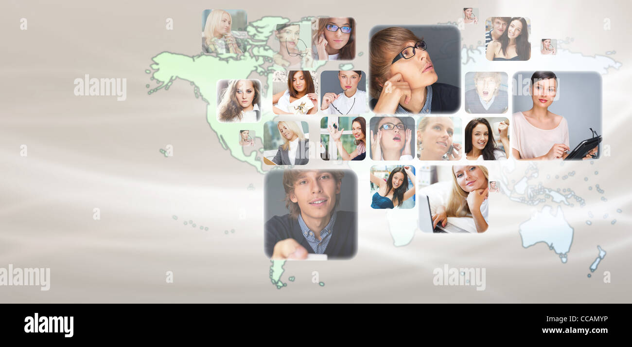 Graphic design dello sfondo. Mappa del mondo e foto di diverse persone in tutto il mondo. Comunità online di concetto Foto Stock