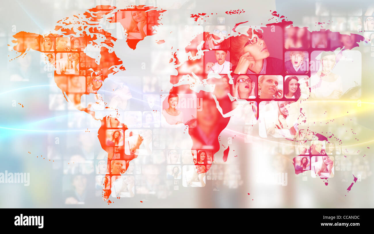 Foto di gente di affari sono incandescente alla mappa del mondo. International Business concetto di comunicazione Foto Stock
