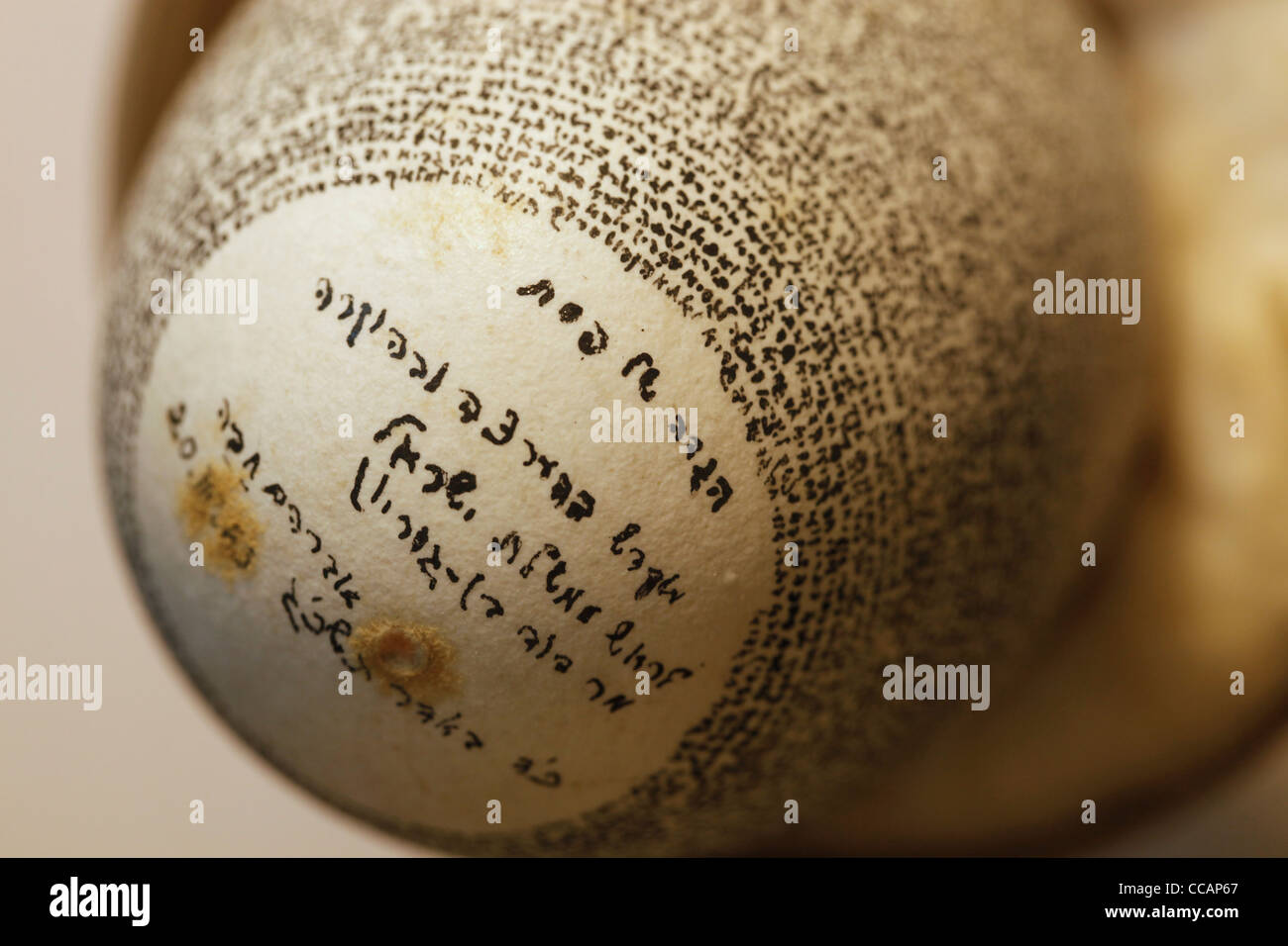 L'Haggadah di Pesach religiosa testo ebraico per la festa di Pasqua scritta in ebraico su un uovo visualizzata in Ben Gurion house museum di Tel Aviv, Israele Foto Stock