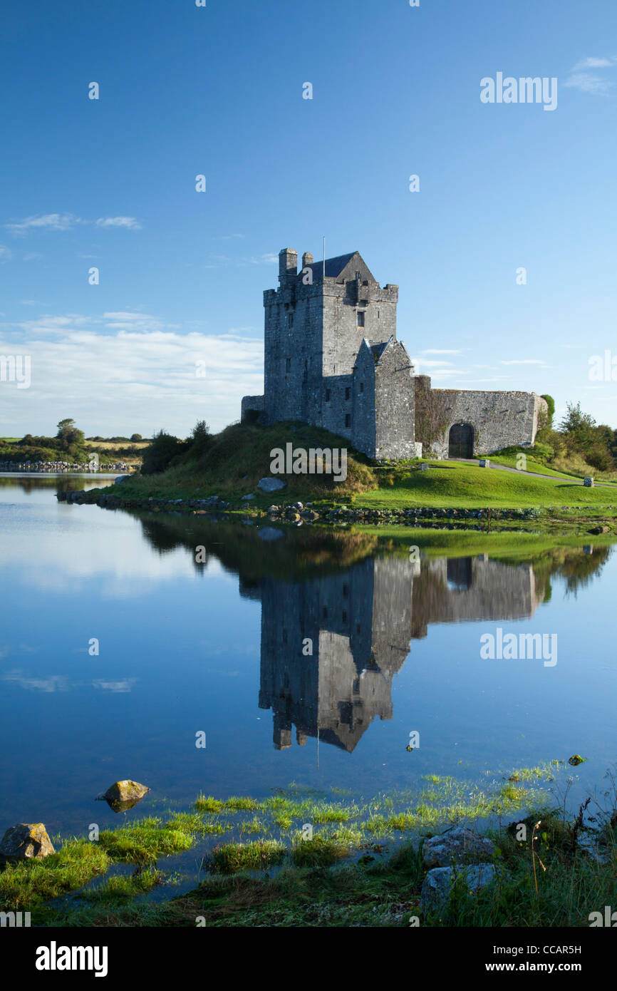 16esimo secolo Dunguaire Castle riflessa nella baia di Kinvara, Kinvara, nella contea di Galway, Irlanda. Foto Stock