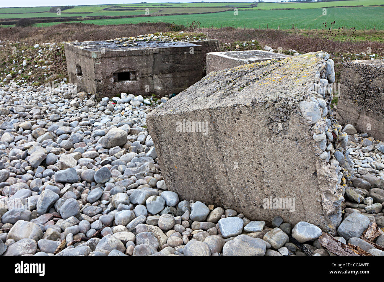 La seconda guerra mondiale le difese costiere sulla spiaggia erosa dagli agenti atmosferici, Limpert Bay, Wales, Regno Unito Foto Stock