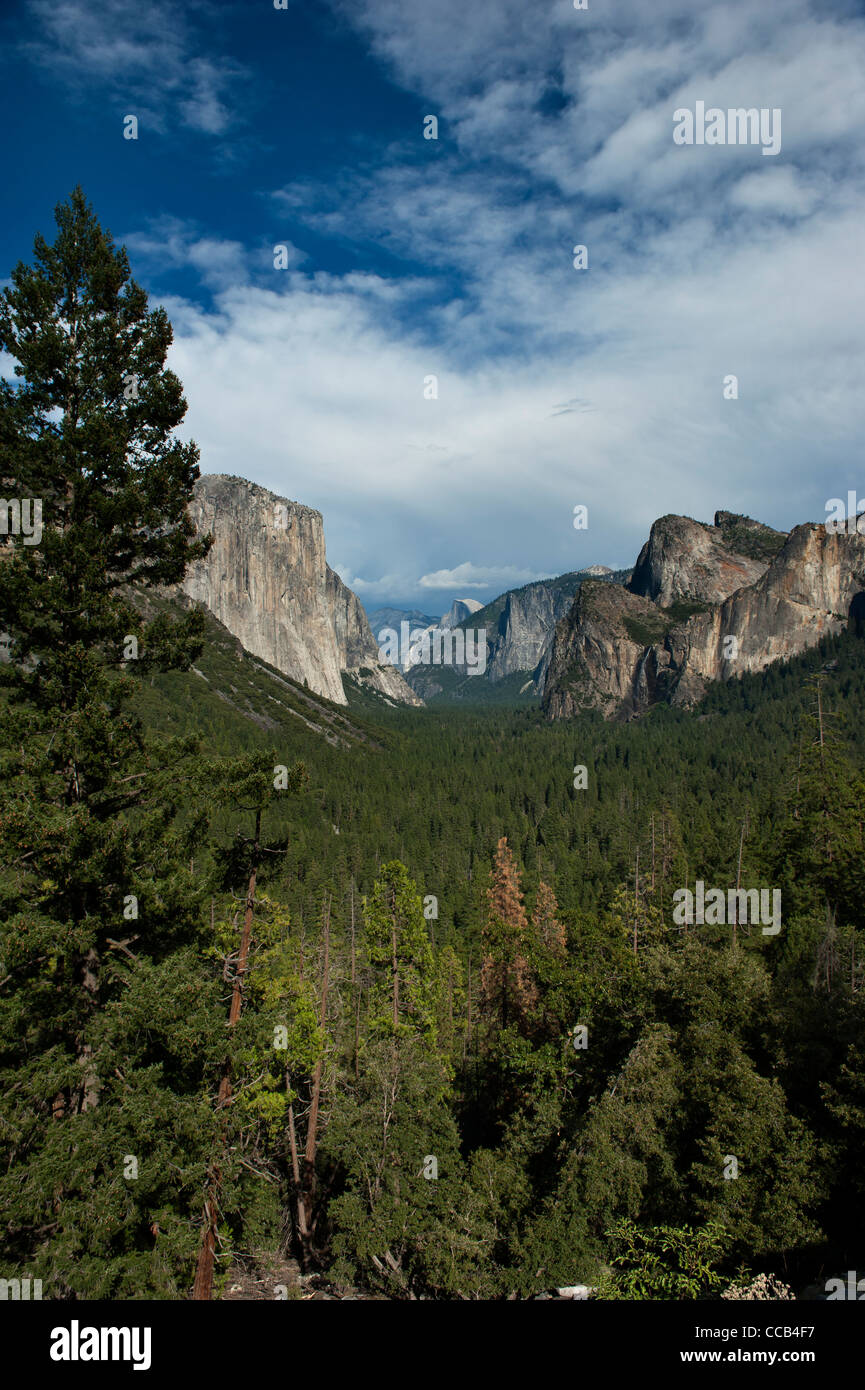 'Tunnel' vista Yosemite Valley con El Capitan, Bridalveil Falls & Half Dome. Parco Nazionale di Yosemite in California, Stati Uniti d'America Foto Stock