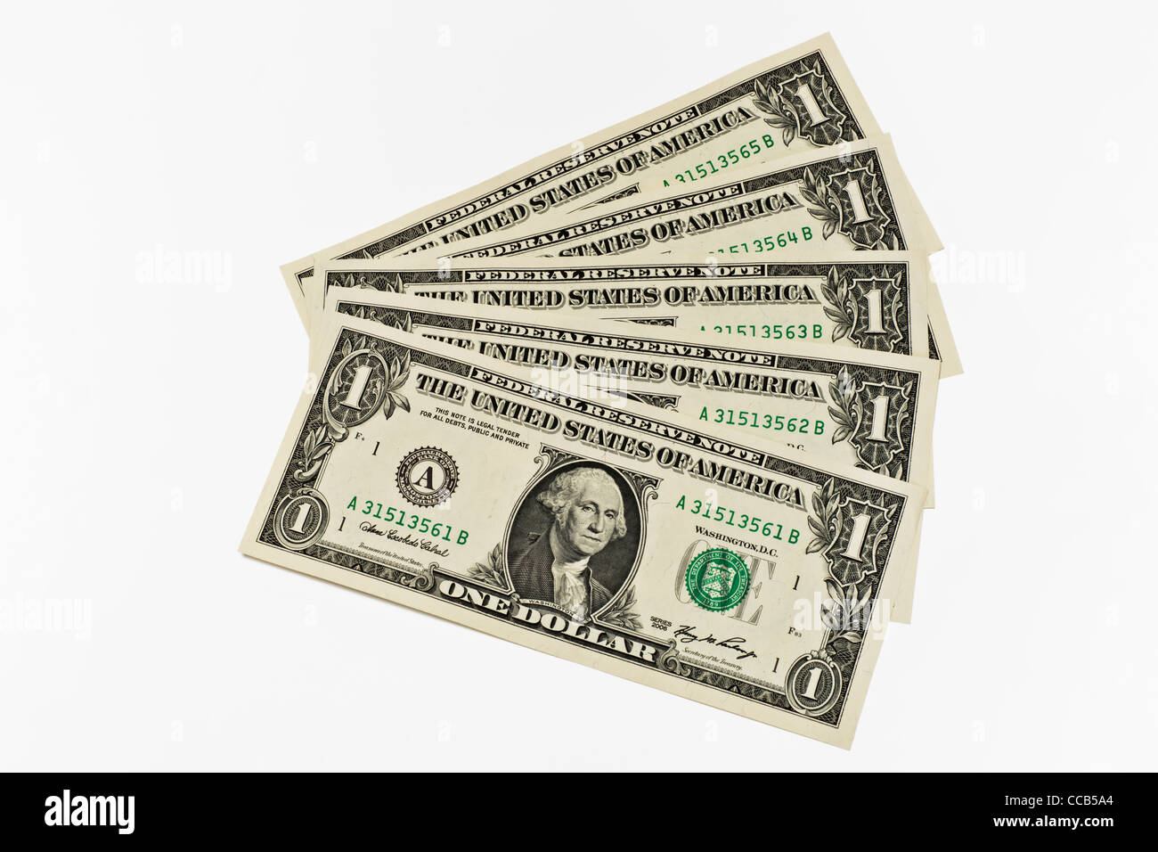 Fünf 1 dollaro Banknoten der USA liegen gefächert | Cinque un dollaro banconote degli USA sono di ampia gamma Foto Stock