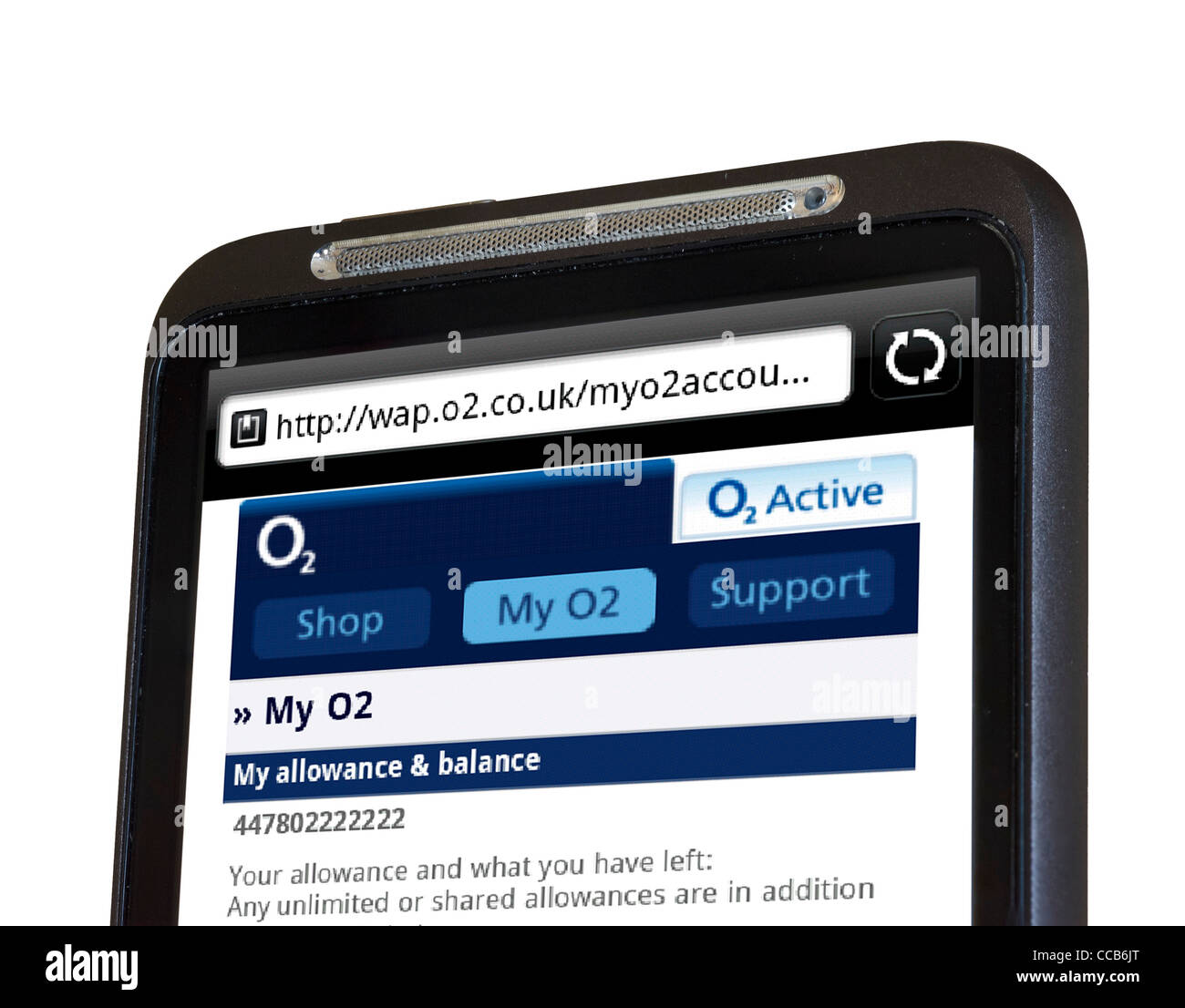 Controllare l'O2 account mobile su un smartphone HTC Foto Stock